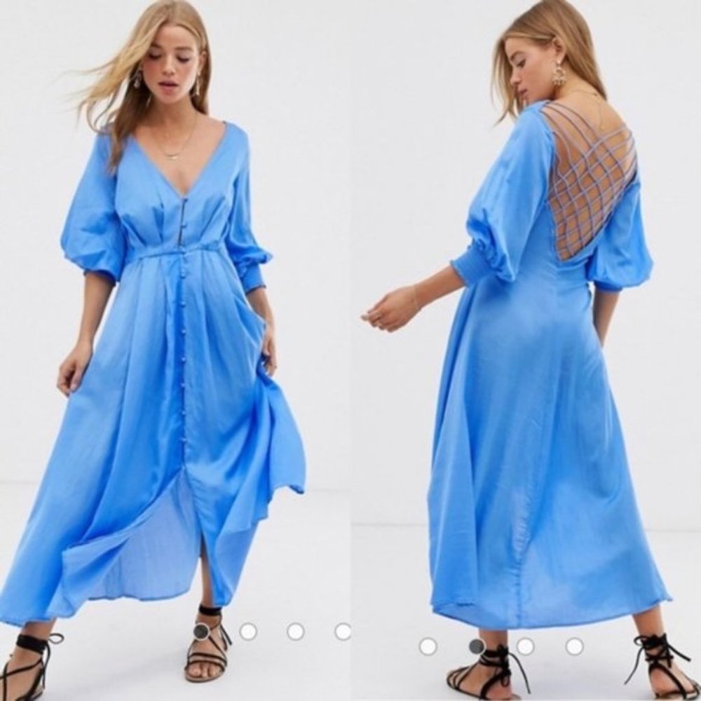 Free People Later Days Midi Dress Blue Puff Sleeve
